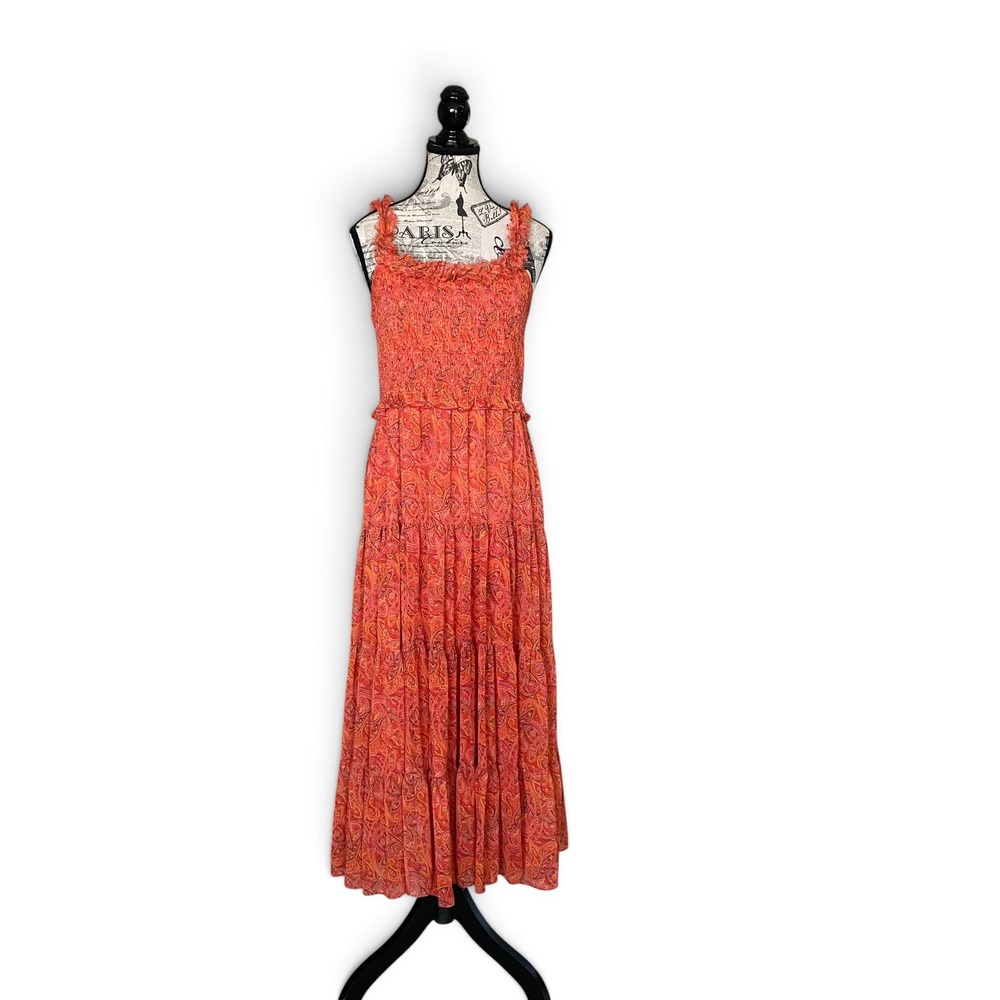 Likely Maxi Dress Womens 10 Orange Paisley Smocked Tiered Ruffle Boho Summer